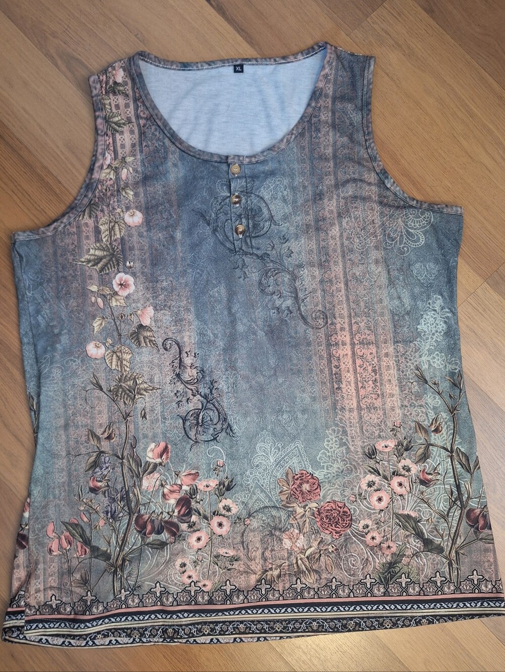 Henley, Button Style Tank Top, Floral